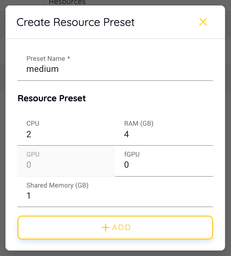Modify resource preset dialog