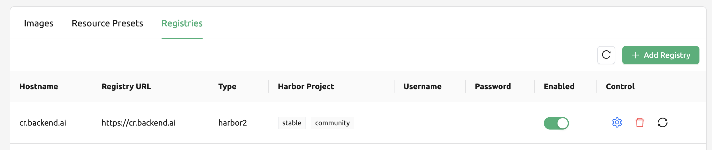 Registries page