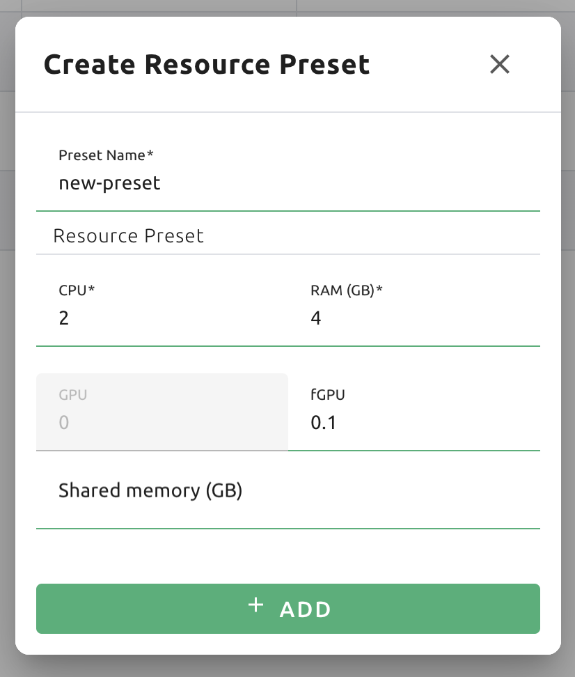Create resource preset dialog